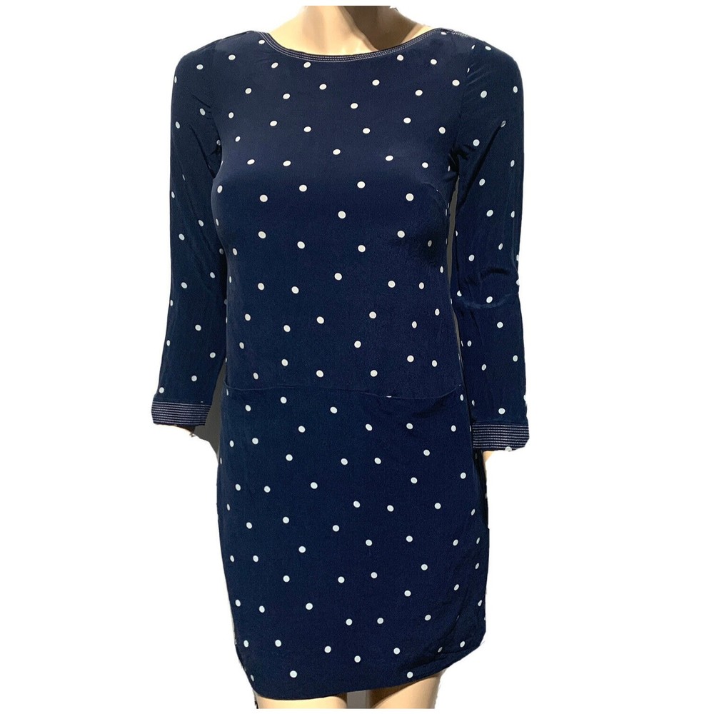 J.Crew Dress 100% Silk Women’s Size 00 Navy Polka Dot Tunic Shift 3/4 Sleeve